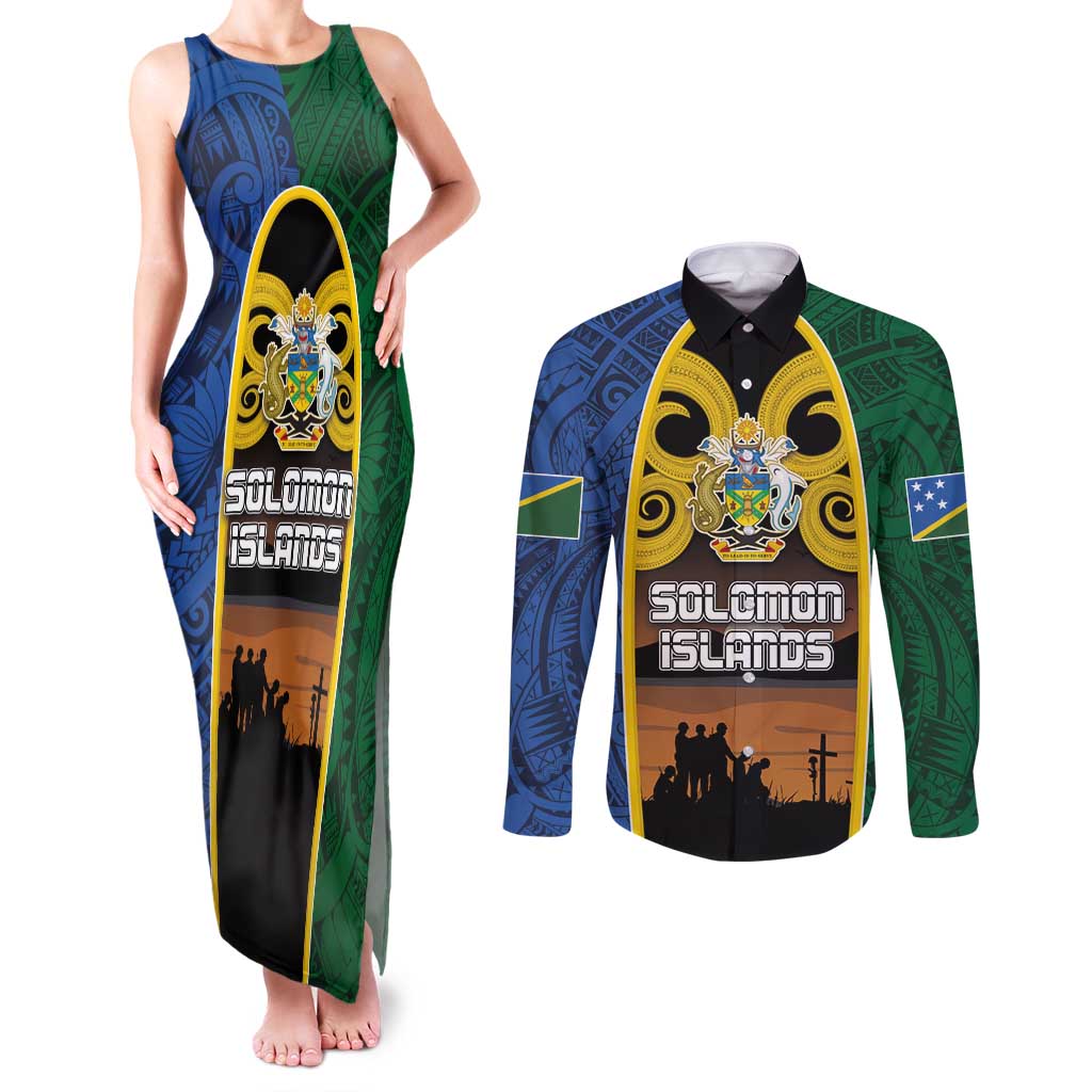 Solomon Islands Remembrance Day Couples Matching Tank Maxi Dress and Long Sleeve Button Shirt Lest We Forget and Polynesian Tattoo Pattern