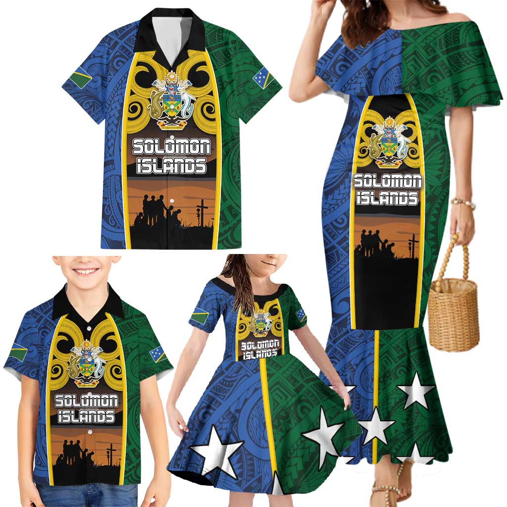 Solomon Islands Remembrance Day Family Matching Mermaid Dress and Hawaiian Shirt Lest We Forget and Polynesian Tattoo Pattern