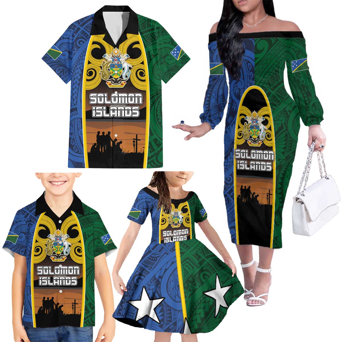 Solomon Islands Remembrance Day Family Matching Off The Shoulder Long Sleeve Dress and Hawaiian Shirt Lest We Forget and Polynesian Tattoo Pattern