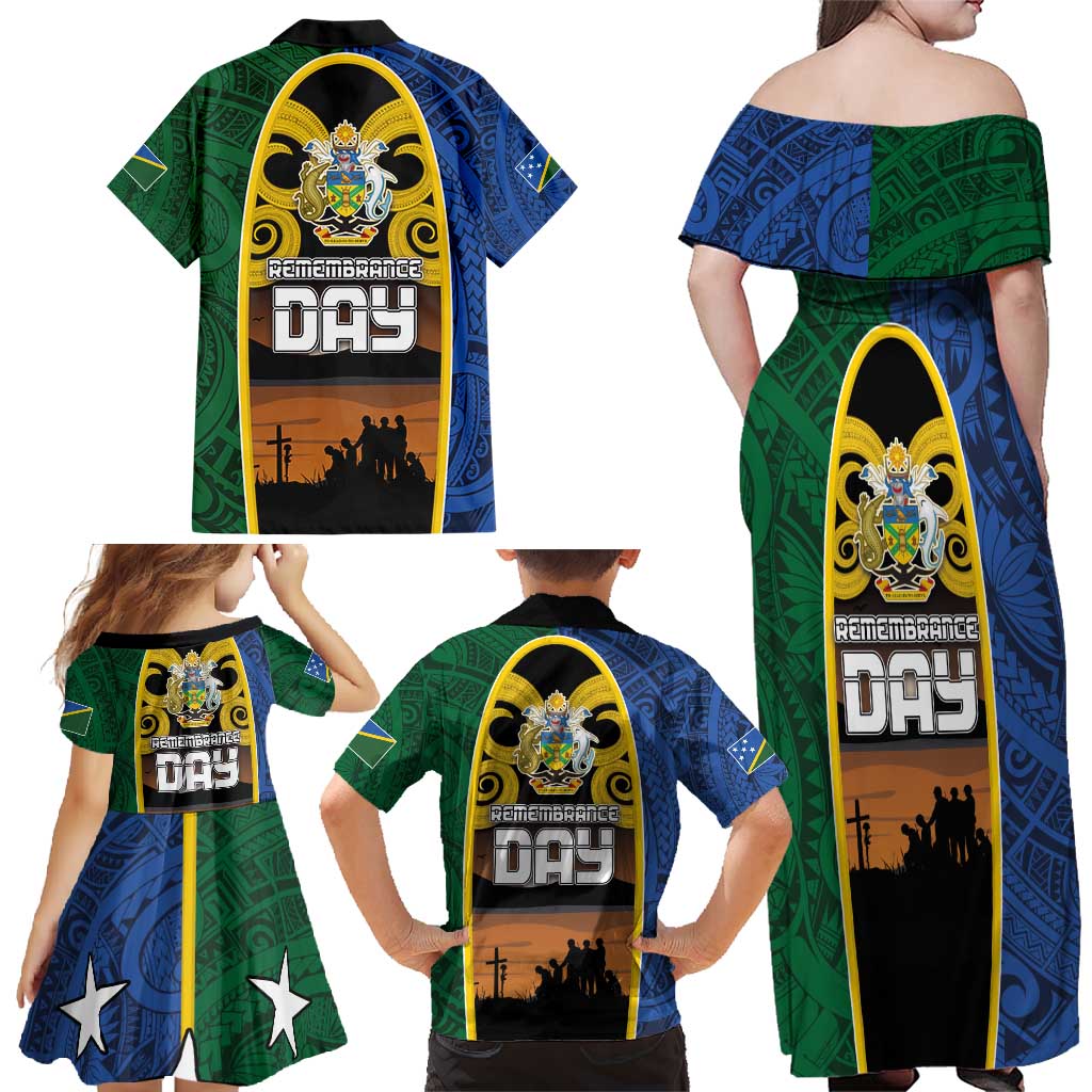 Solomon Islands Remembrance Day Family Matching Off Shoulder Maxi Dress and Hawaiian Shirt Lest We Forget and Polynesian Tattoo Pattern