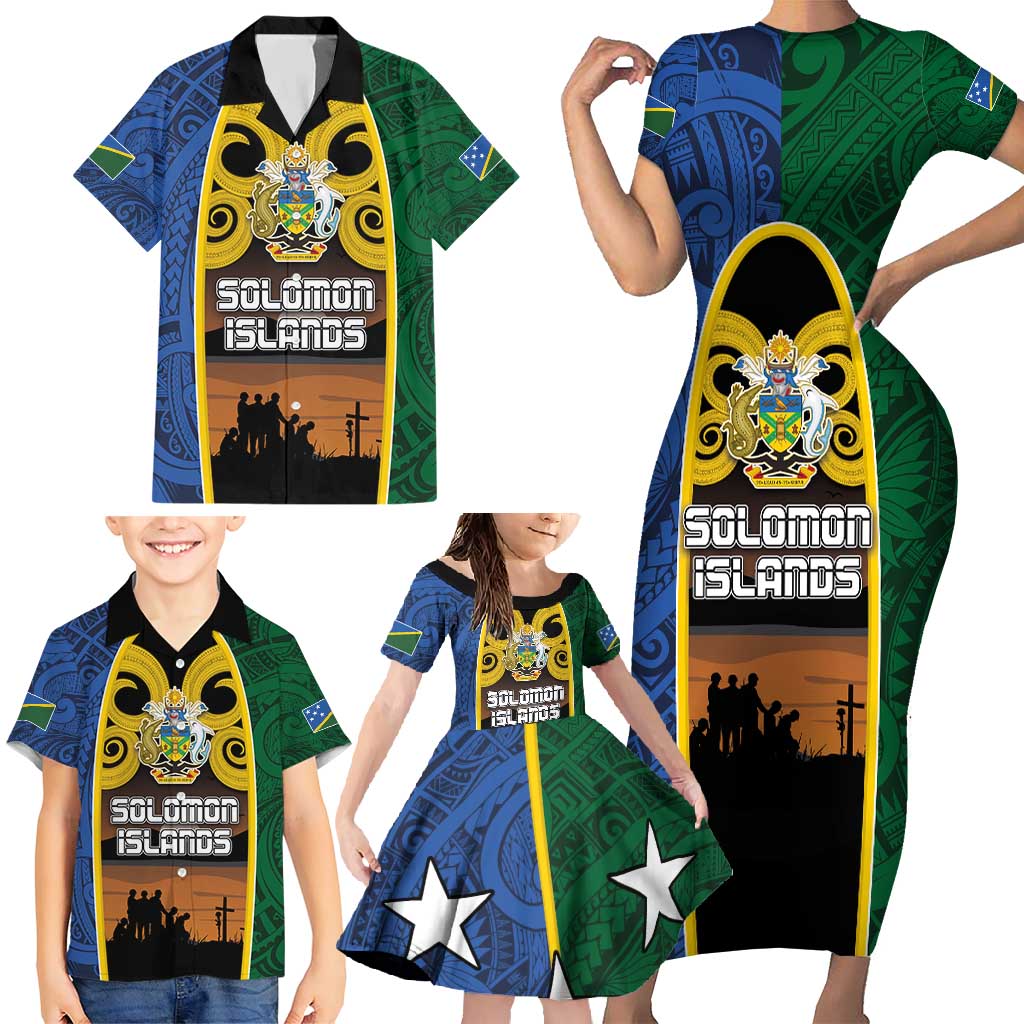 Solomon Islands Remembrance Day Family Matching Short Sleeve Bodycon Dress and Hawaiian Shirt Lest We Forget and Polynesian Tattoo Pattern