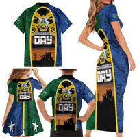 Solomon Islands Remembrance Day Family Matching Short Sleeve Bodycon Dress and Hawaiian Shirt Lest We Forget and Polynesian Tattoo Pattern