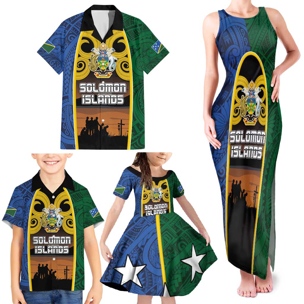 Solomon Islands Remembrance Day Family Matching Tank Maxi Dress and Hawaiian Shirt Lest We Forget and Polynesian Tattoo Pattern