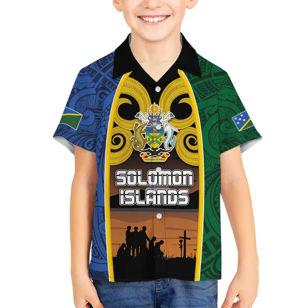 Solomon Islands Remembrance Day Kid Hawaiian Shirt Lest We Forget and Polynesian Tattoo Pattern