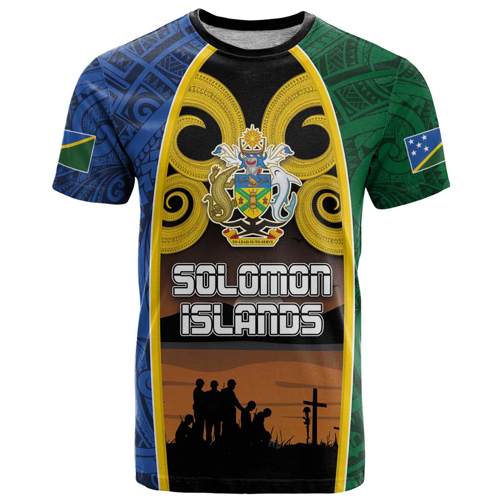 Solomon Islands Remembrance Day T Shirt Lest We Forget and Polynesian Tattoo Pattern