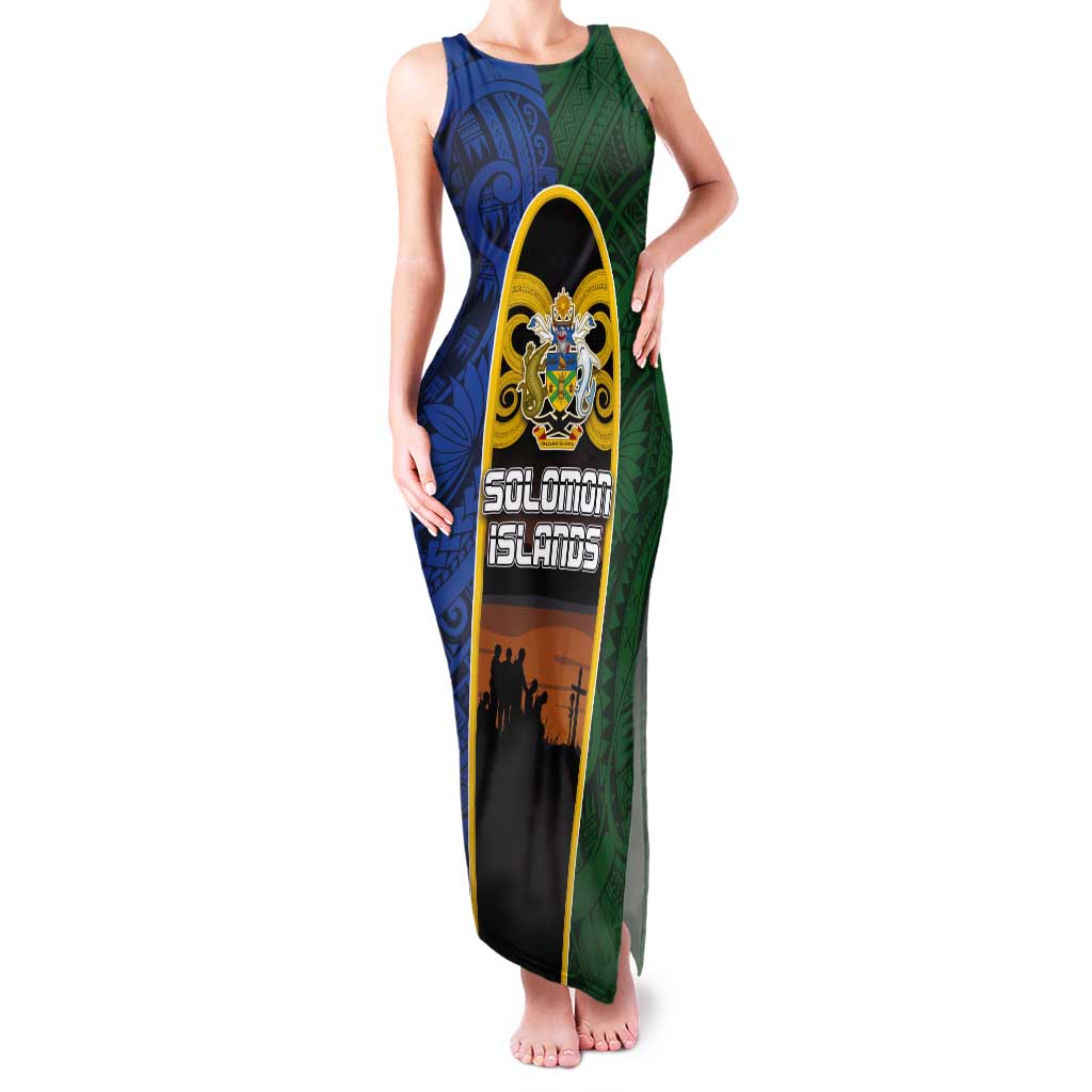 Solomon Islands Remembrance Day Tank Maxi Dress Lest We Forget and Polynesian Tattoo Pattern