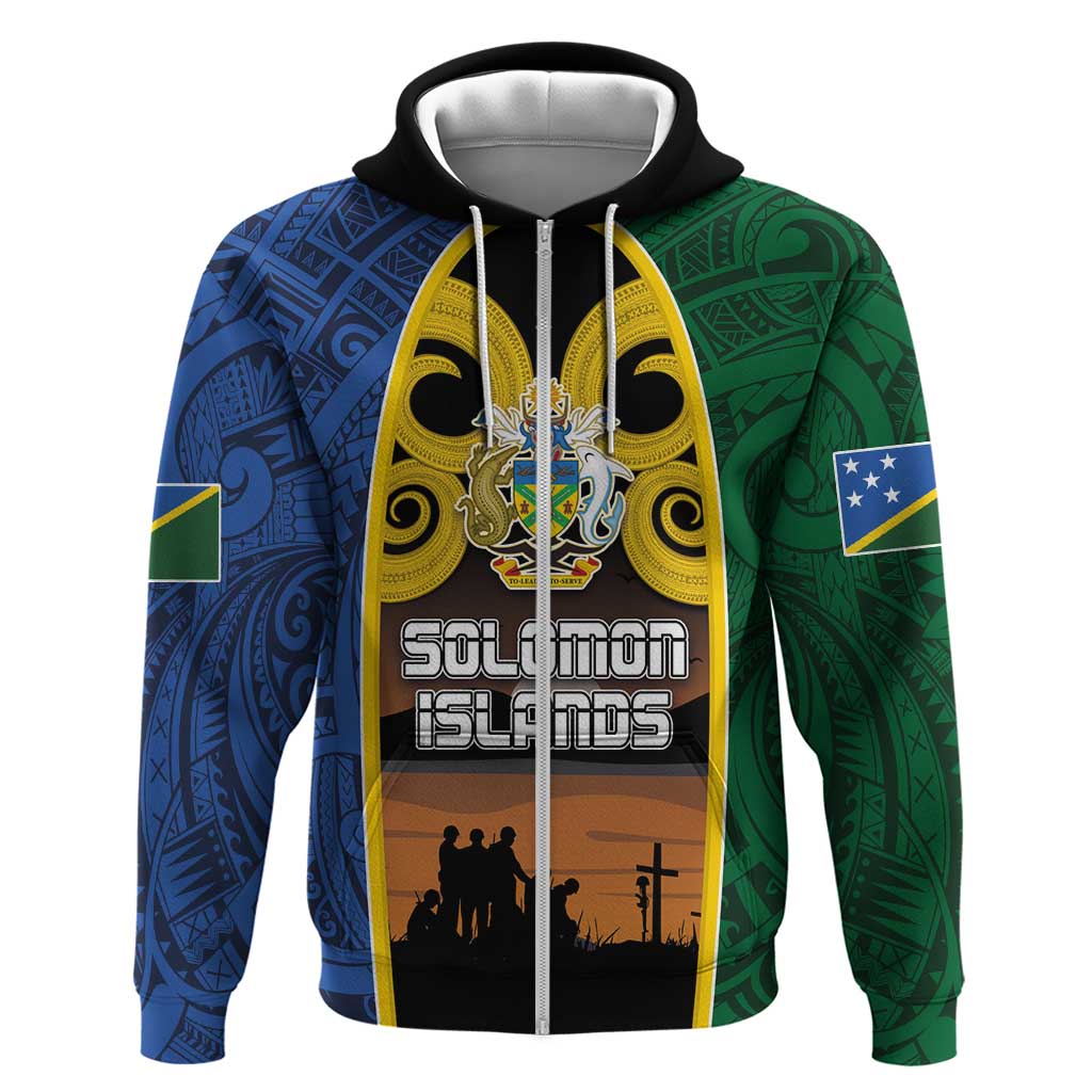 Solomon Islands Remembrance Day Zip Hoodie Lest We Forget and Polynesian Tattoo Pattern LT03 Zip Hoodie Black - Polynesian Pride