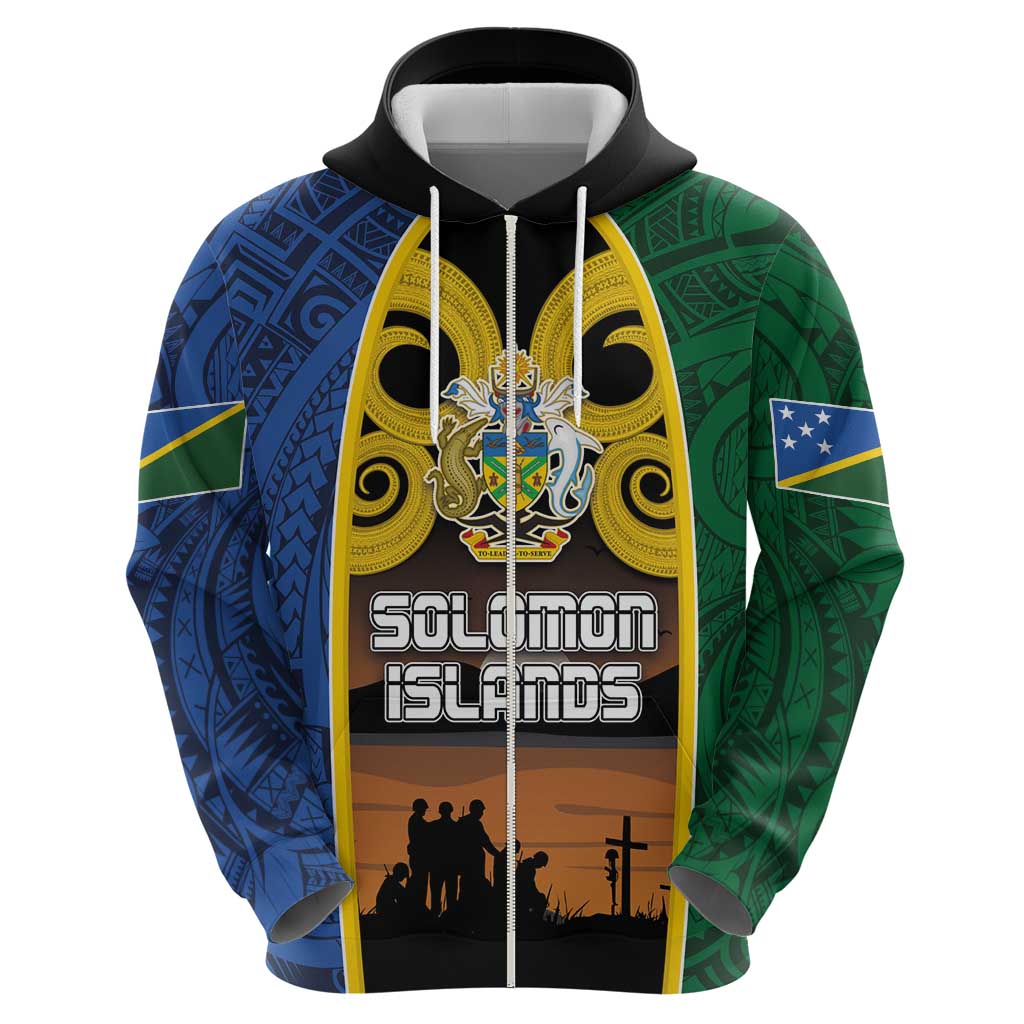 Solomon Islands Remembrance Day Zip Hoodie Lest We Forget and Polynesian Tattoo Pattern LT03 - Polynesian Pride