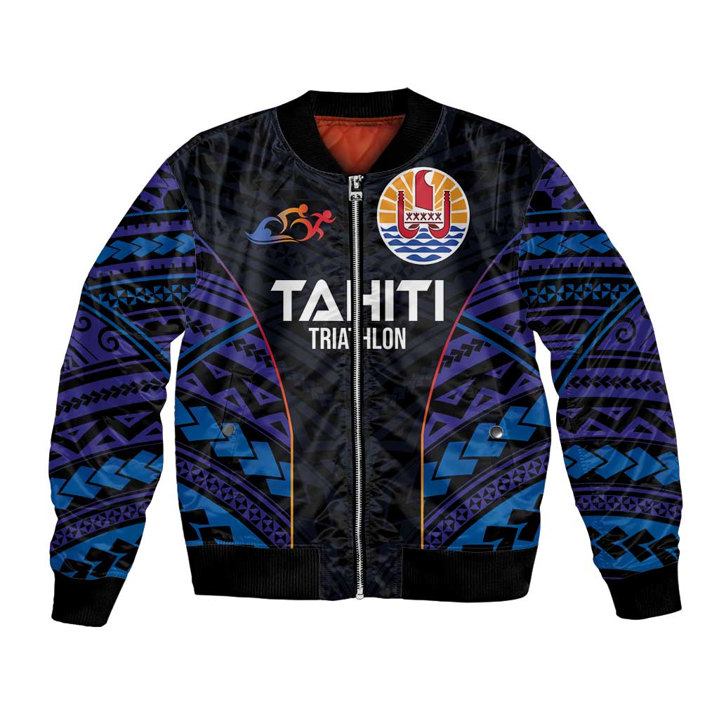 Personalised Tahiti Triathlon Polynesian Pattern Bomber Jacket LT03 Unisex Black - Polynesian Pride