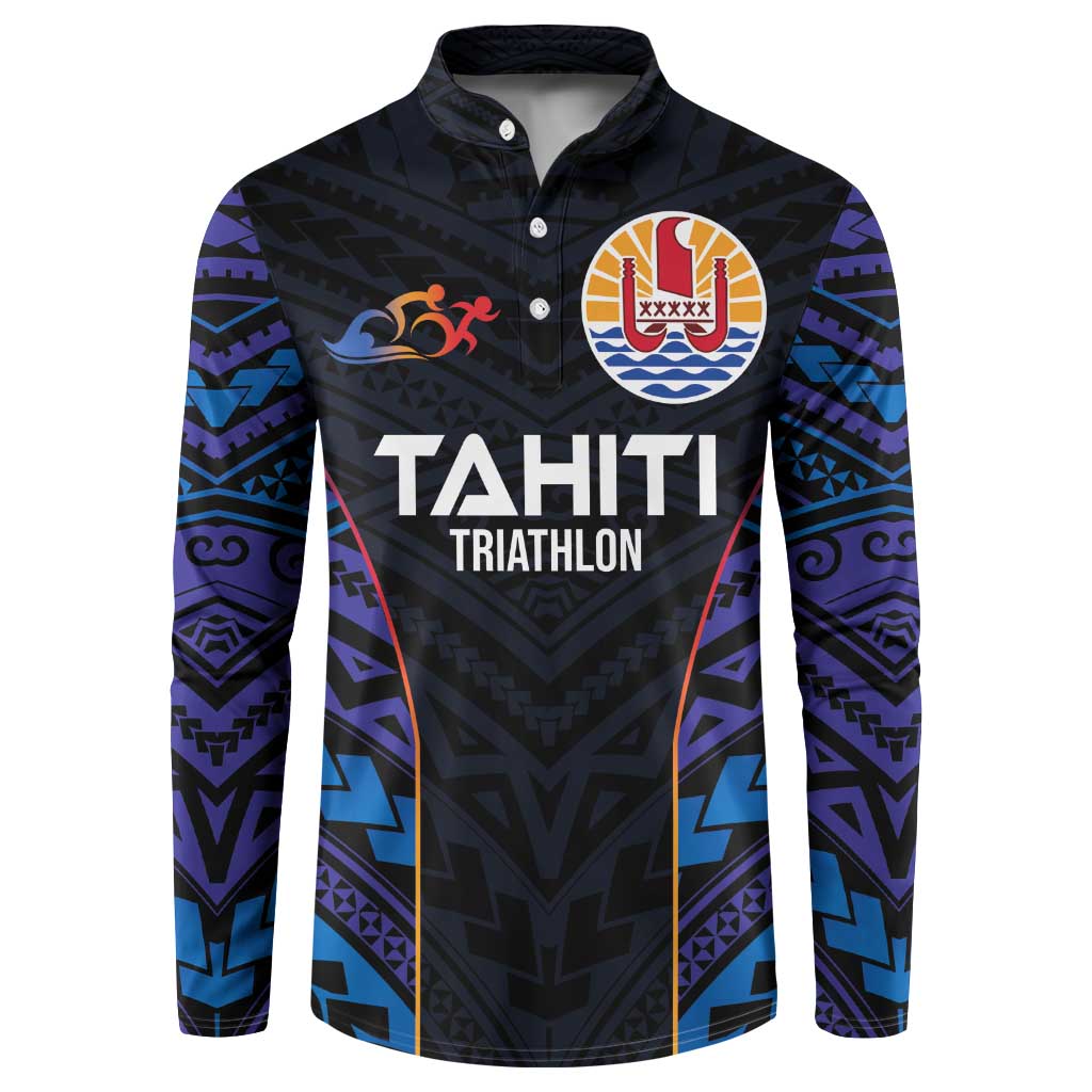 Personalised Tahiti Triathlon Polynesian Pattern Button Sweatshirt LT03 Black - Polynesian Pride