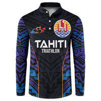 Personalised Tahiti Triathlon Polynesian Pattern Button Sweatshirt LT03 Black - Polynesian Pride