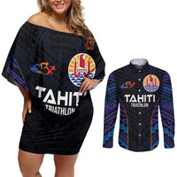 Personalised Tahiti Triathlon Polynesian Pattern Couples Matching Off Shoulder Short Dress and Long Sleeve Button Shirt LT03 Black - Polynesian Pride