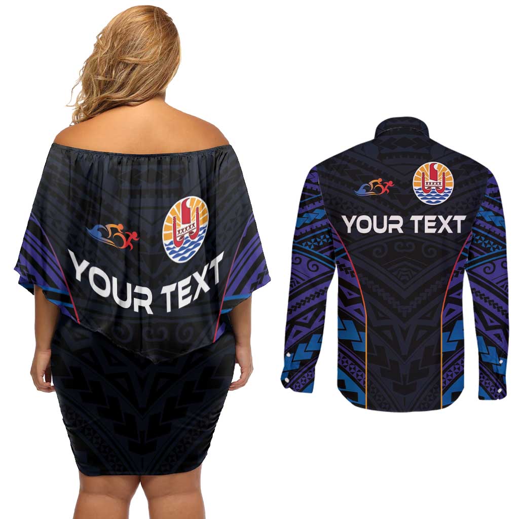 Personalised Tahiti Triathlon Polynesian Pattern Couples Matching Off Shoulder Short Dress and Long Sleeve Button Shirt LT03 - Polynesian Pride