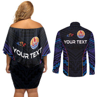 Personalised Tahiti Triathlon Polynesian Pattern Couples Matching Off Shoulder Short Dress and Long Sleeve Button Shirt LT03 - Polynesian Pride
