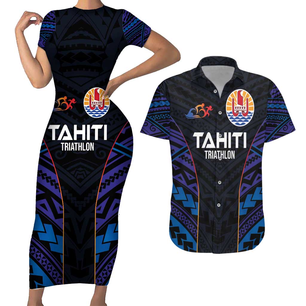 Personalised Tahiti Triathlon Polynesian Pattern Couples Matching Short Sleeve Bodycon Dress and Hawaiian Shirt