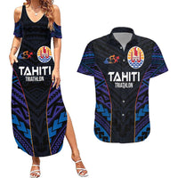 Personalised Tahiti Triathlon Polynesian Pattern Couples Matching Summer Maxi Dress and Hawaiian Shirt LT03 Black - Polynesian Pride