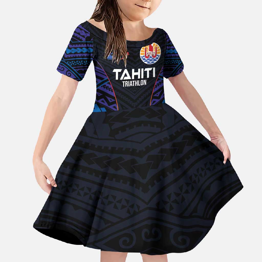 Personalised Tahiti Triathlon Polynesian Pattern Family Matching Mermaid Dress and Hawaiian Shirt LT03 Daughter's Dress Black - Polynesian Pride