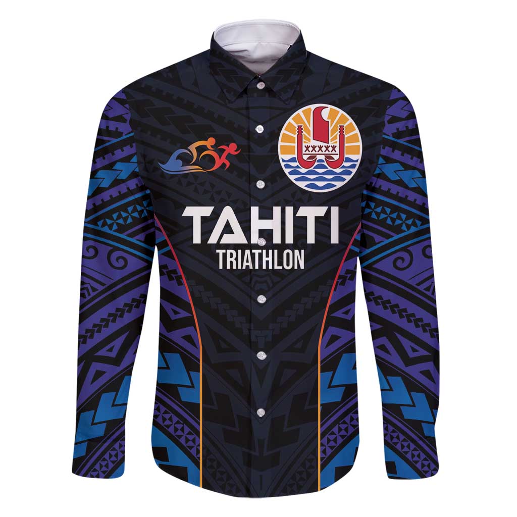 Personalised Tahiti Triathlon Polynesian Pattern Family Matching Mermaid Dress and Hawaiian Shirt LT03 Dad's Shirt - Long Sleeve Black - Polynesian Pride