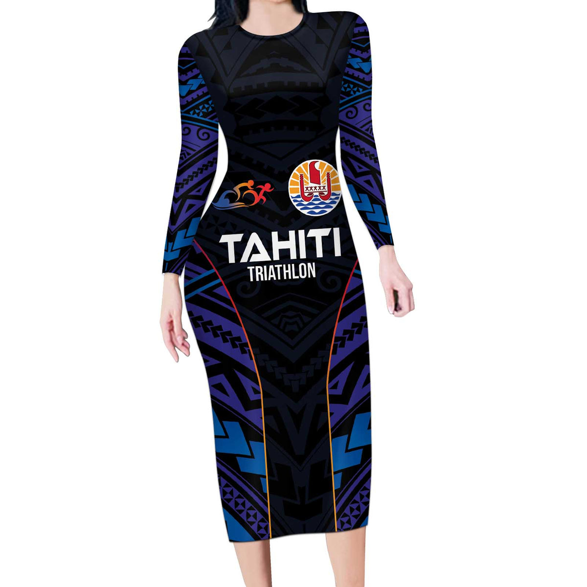 Personalised Tahiti Triathlon Polynesian Pattern Long Sleeve Bodycon Dress LT03 Long Dress Black - Polynesian Pride