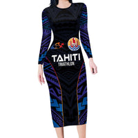 Personalised Tahiti Triathlon Polynesian Pattern Long Sleeve Bodycon Dress LT03 Long Dress Black - Polynesian Pride