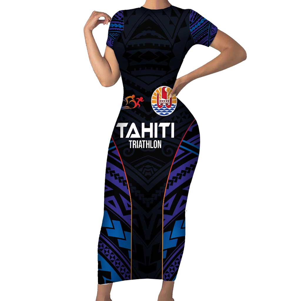 Personalised Tahiti Triathlon Polynesian Pattern Short Sleeve Bodycon Dress LT03 Long Dress Black - Polynesian Pride