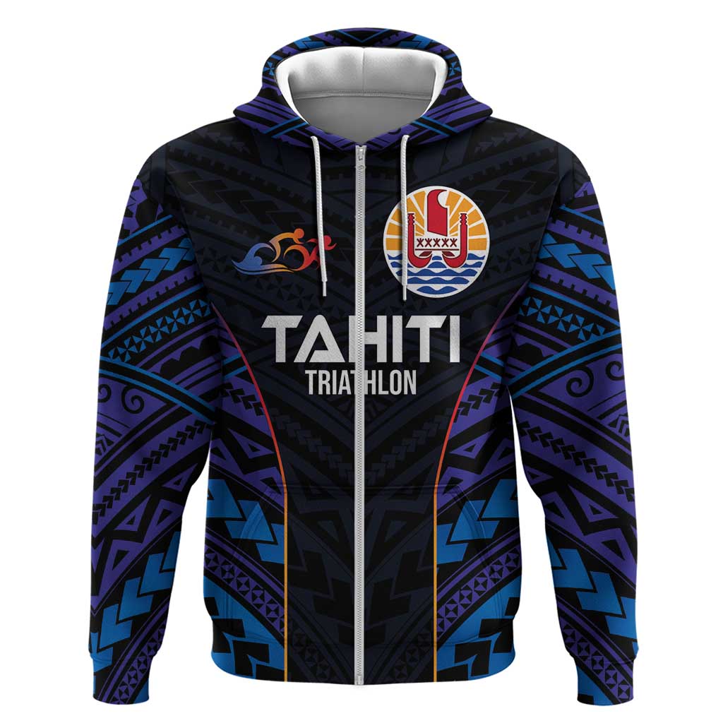 Personalised Tahiti Triathlon Polynesian Pattern Zip Hoodie LT03 Zip Hoodie Black - Polynesian Pride