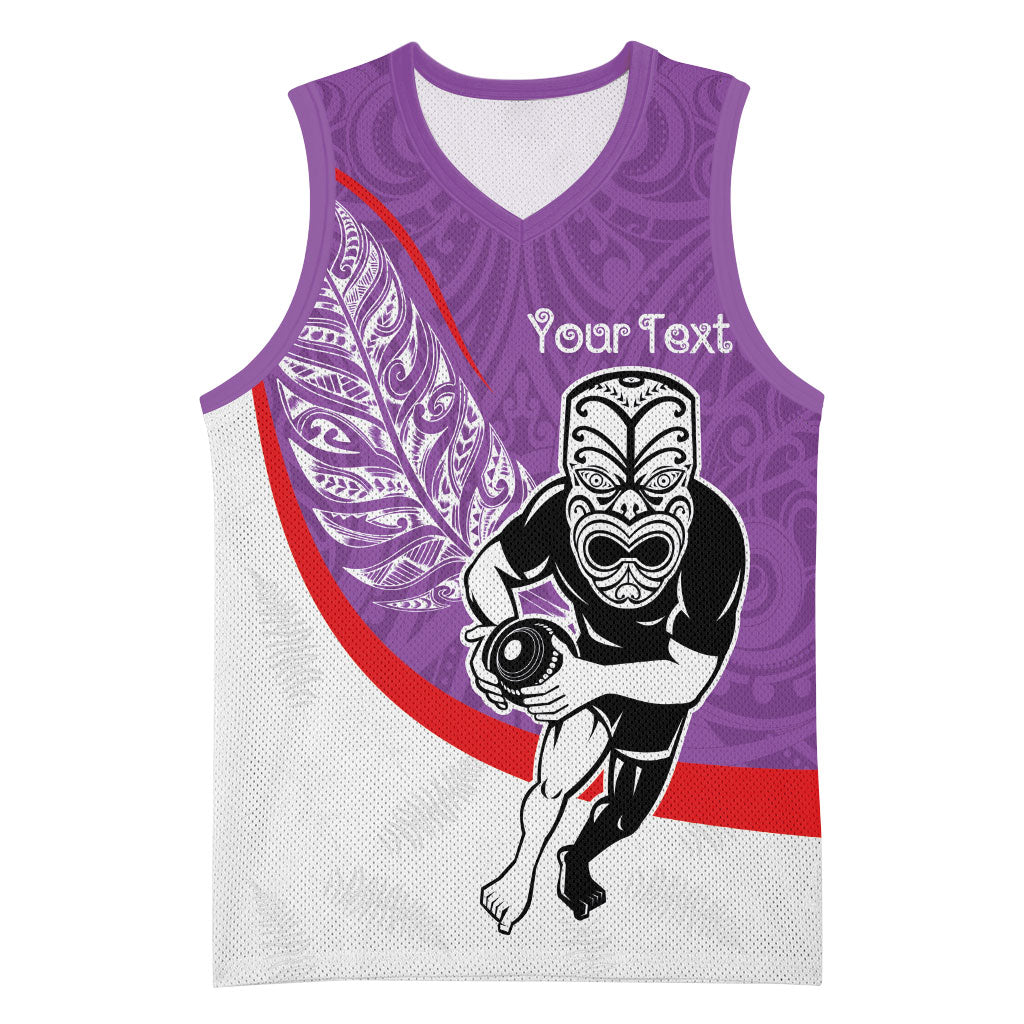 Personalised Aotearoa Lawn Bowls Basketball Jersey Maori Warrior and Silver Fern Sporty Style Purple