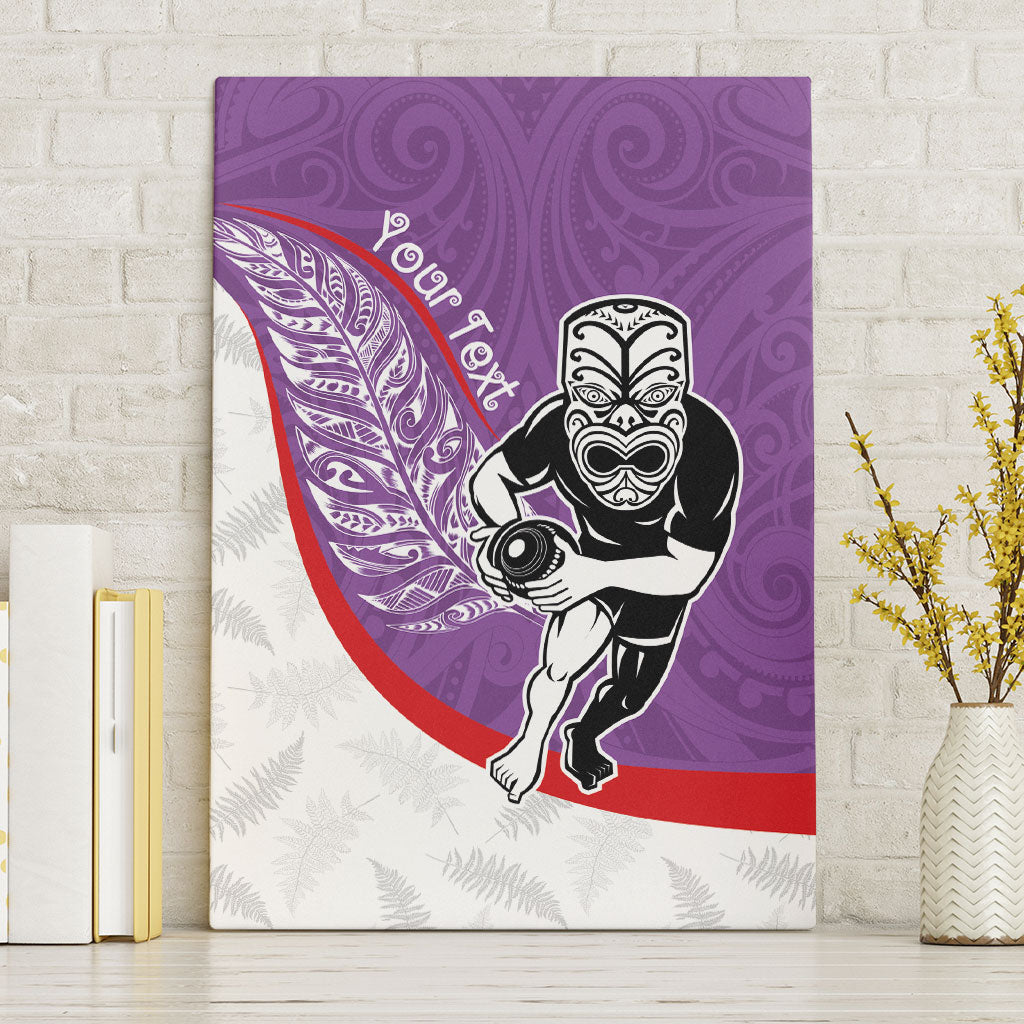 Personalised Aotearoa Lawn Bowls Canvas Wall Art Maori Warrior and Silver Fern Sporty Style Purple