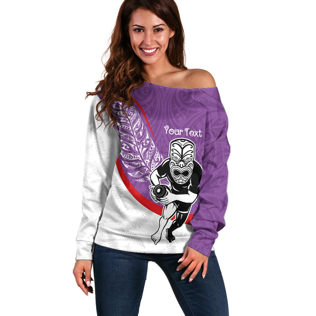 Personalised Aotearoa Lawn Bowls Off Shoulder Sweater Maori Warrior and Silver Fern Sporty Style Purple LT03 Women Purple - Polynesian Pride