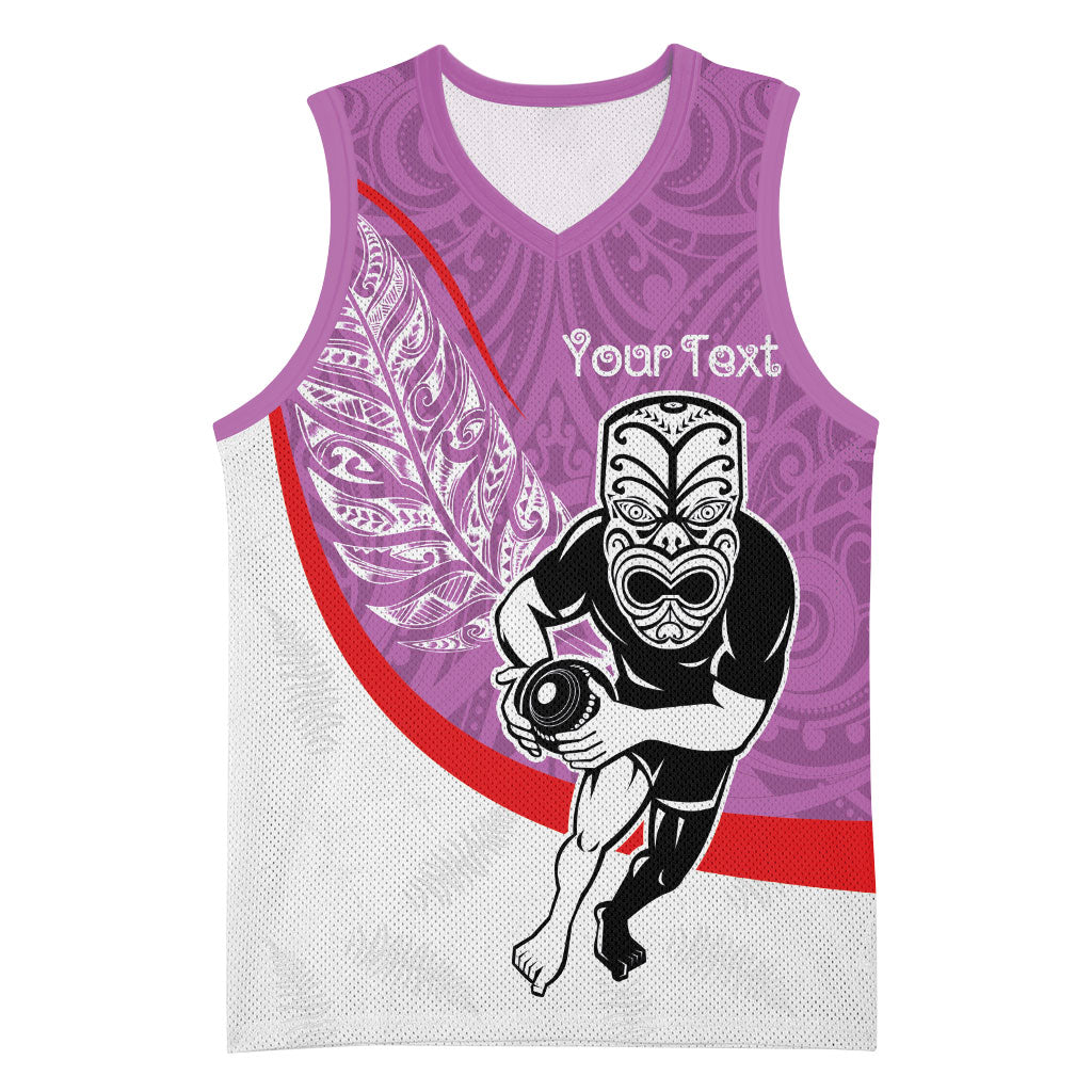 Personalised Aotearoa Lawn Bowls Basketball Jersey Maori Warrior and Silver Fern Sporty Style Pink