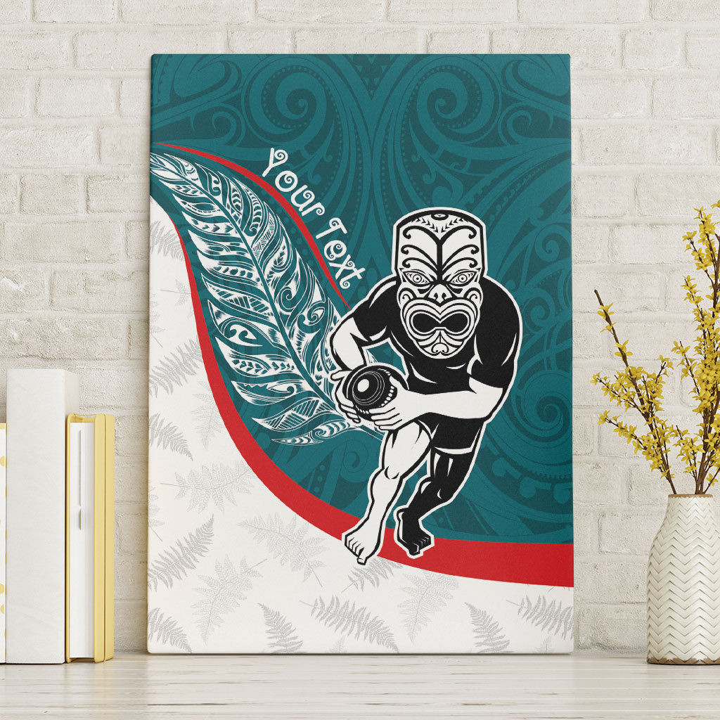 Personalised Aotearoa Lawn Bowls Canvas Wall Art Maori Warrior and Silver Fern Sporty Style Teal