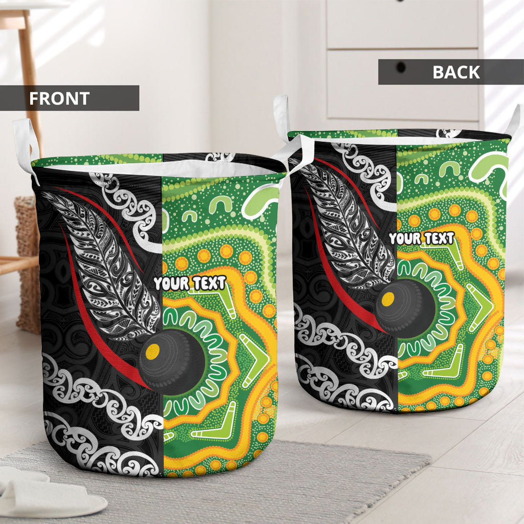 Personalised Aotearoa and Australia Lawn Bowls Laundry Basket Maori Fern and Aboriginal Pattern LT03 - Polynesian Pride