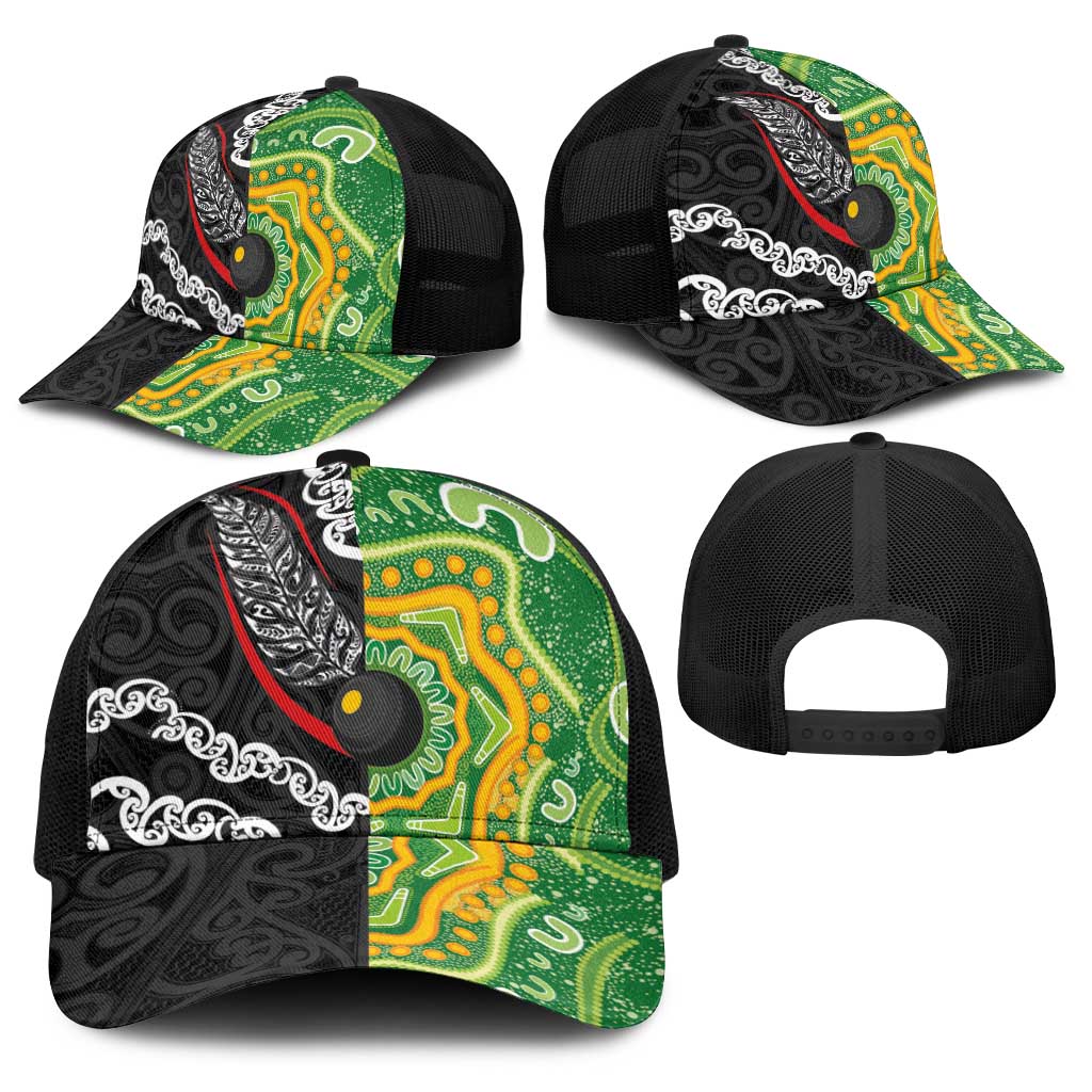 Aotearoa and Australia Lawn Bowls Baseball Net Cap Maori Fern and Aboriginal Pattern LT03 - Polynesian Pride