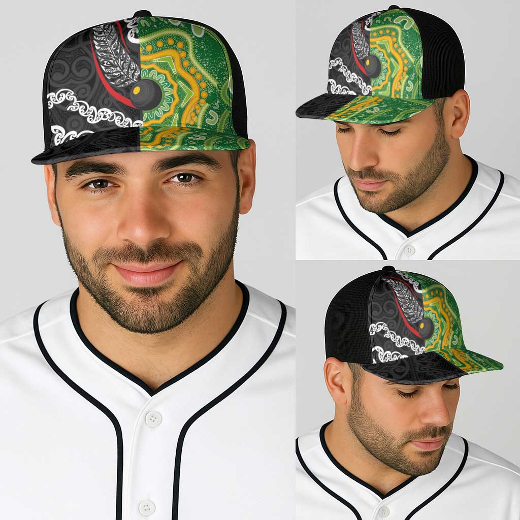 Aotearoa and Australia Lawn Bowls Baseball Net Cap Maori Fern and Aboriginal Pattern LT03 - Polynesian Pride