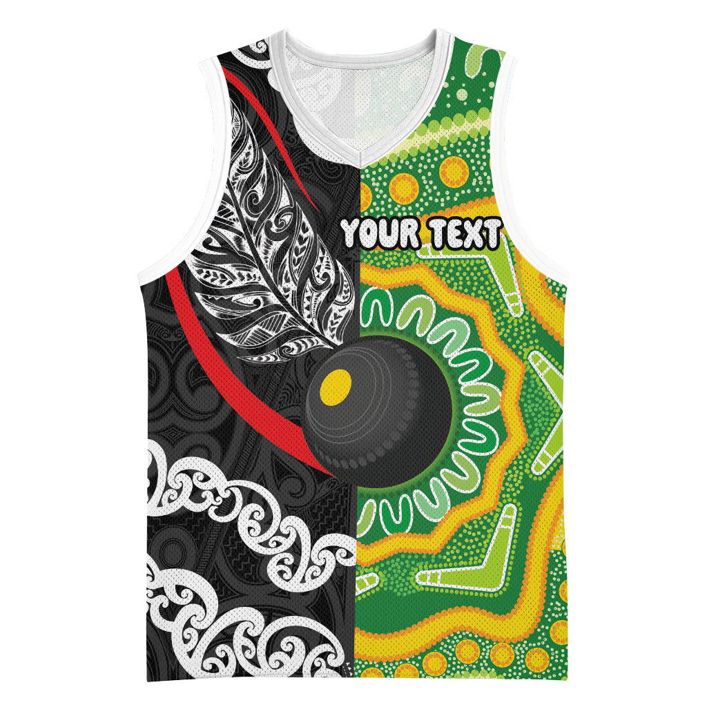 Personalised Aotearoa and Australia Lawn Bowls Basketball Jersey Maori Fern and Aboriginal Pattern
