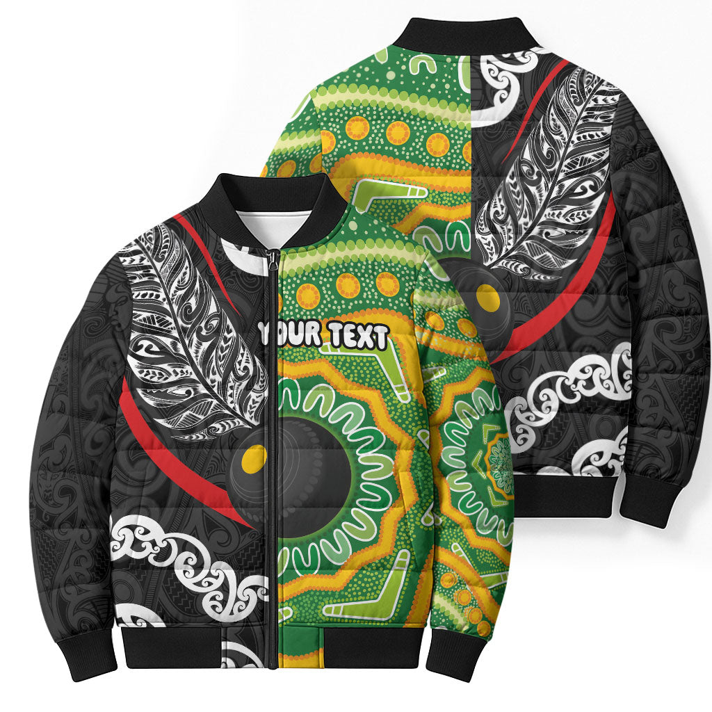 Personalised Aotearoa and Australia Lawn Bowls Bomber Puffer Jacket Maori Fern and Aboriginal Pattern LT03 - Polynesian Pride