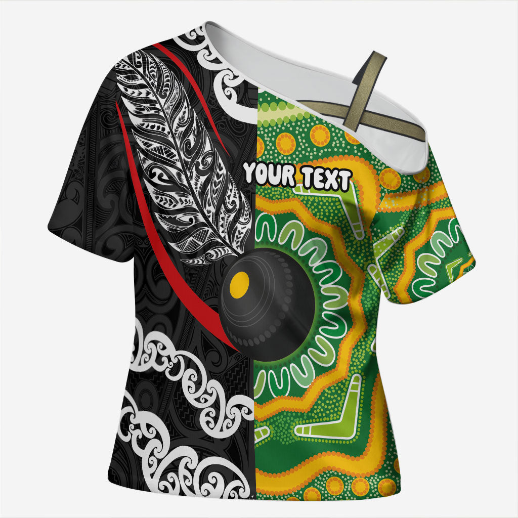 Personalised Aotearoa and Australia Lawn Bowls Cross Shoulder Shirt Maori Fern and Aboriginal Pattern LT03 Female Multicolor - Polynesian Pride