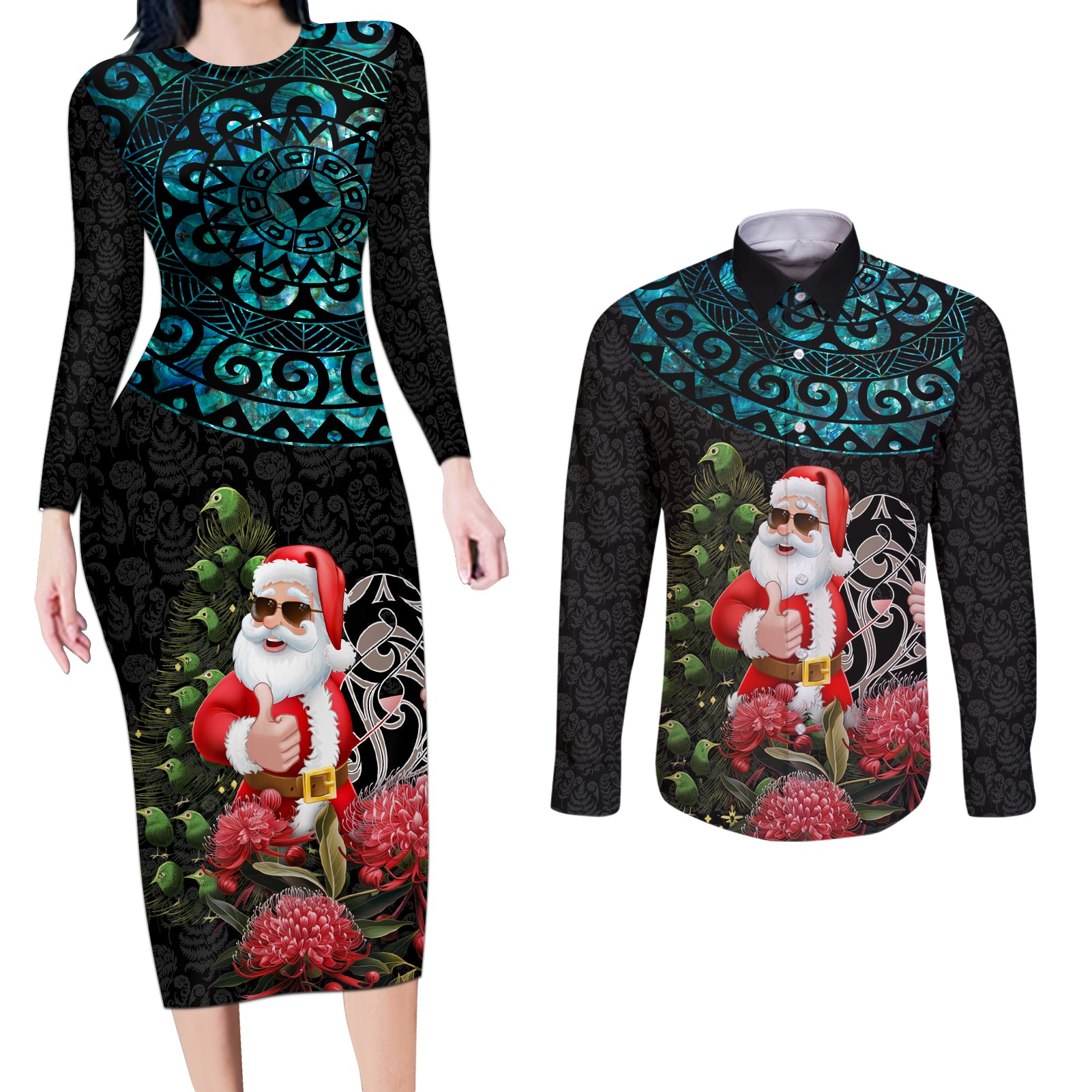 Personalized New Zealand Christmas Couples Matching Long Sleeve Bodycon Dress and Long Sleeve Button Shirt Maori Santa Pikorua and Pohutukawa Meri Kirihimete LT03 Black - Polynesian Pride