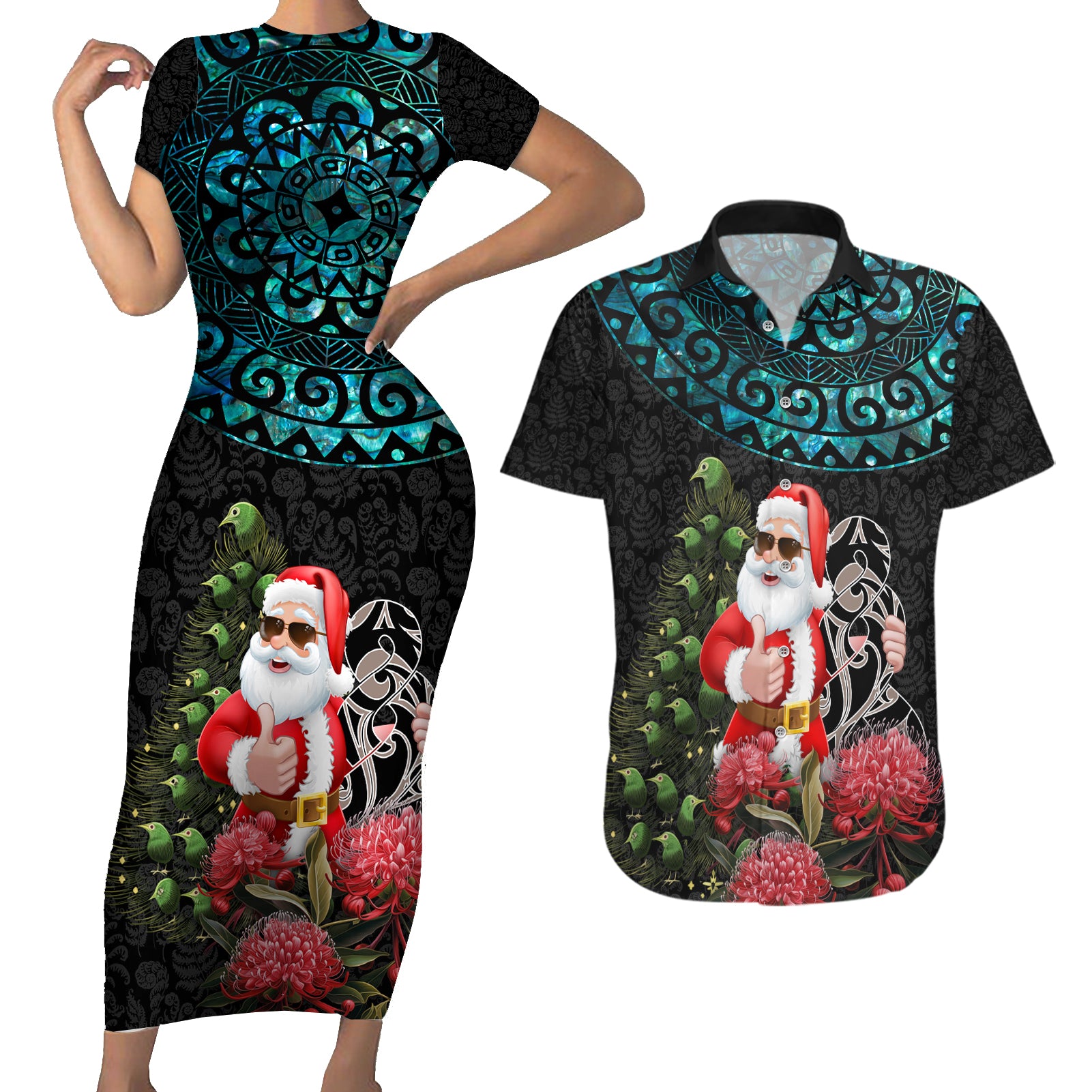 Personalized New Zealand Christmas Couples Matching Short Sleeve Bodycon Dress and Hawaiian Shirt Maori Santa Pikorua and Pohutukawa Meri Kirihimete LT03 Black - Polynesian Pride