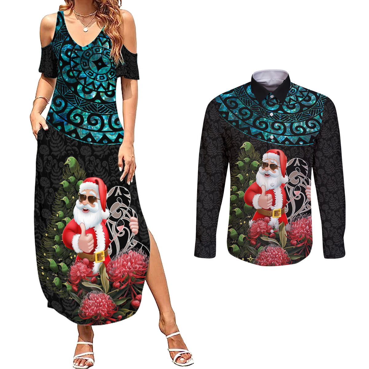 Personalized New Zealand Christmas Couples Matching Summer Maxi Dress and Long Sleeve Button Shirt Maori Santa Pikorua and Pohutukawa Meri Kirihimete LT03 Black - Polynesian Pride
