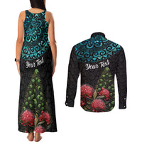 Personalized New Zealand Christmas Couples Matching Tank Maxi Dress and Long Sleeve Button Shirt Maori Santa Pikorua and Pohutukawa Meri Kirihimete LT03 - Polynesian Pride