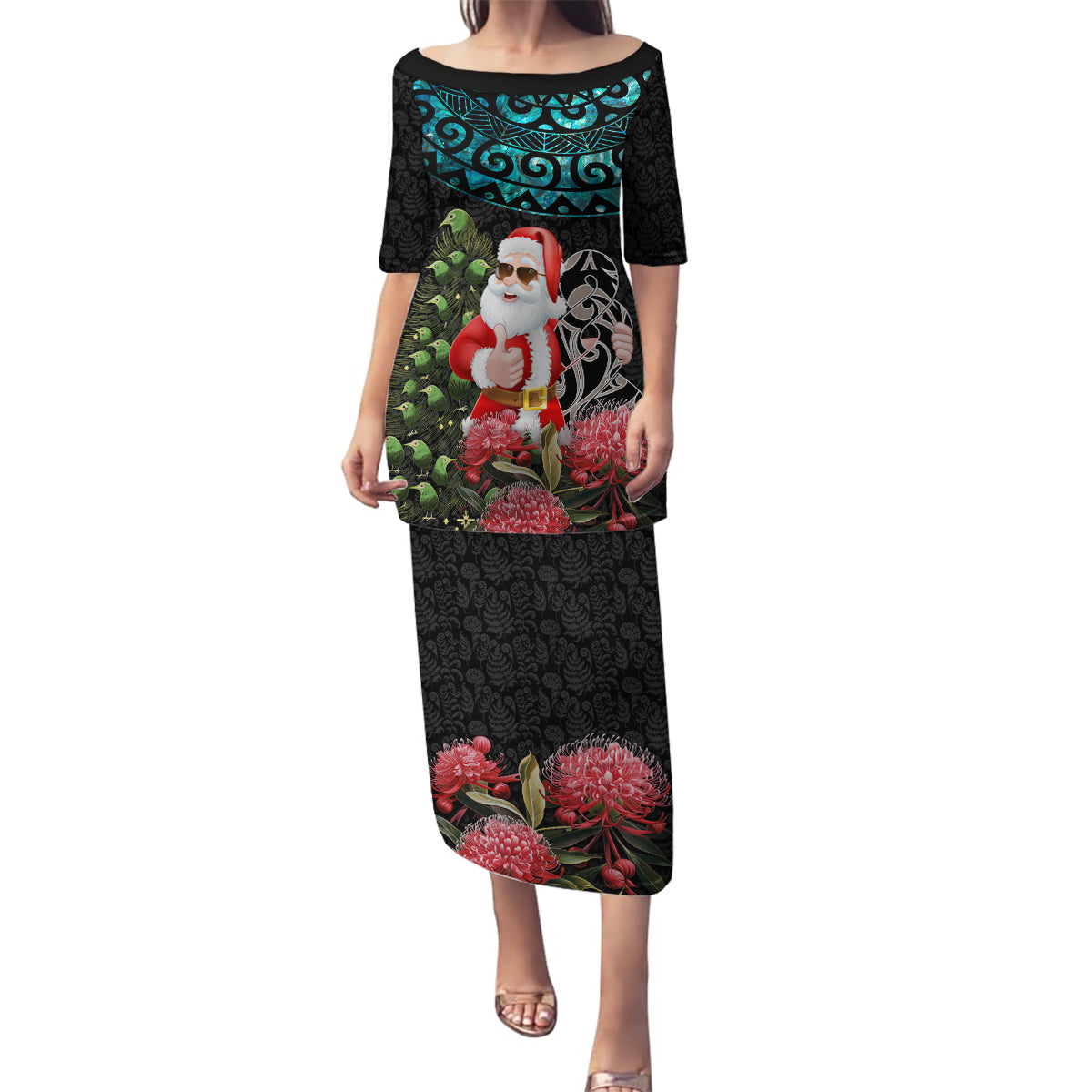 Personalized New Zealand Christmas Family Matching Puletasi Dress and Hawaiian Shirt Maori Santa Pikorua and Pohutukawa Meri Kirihimete LT03 Mom's Dress Black - Polynesian Pride