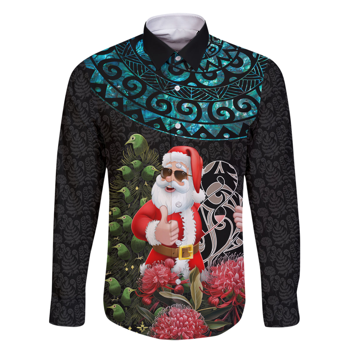 Personalized New Zealand Christmas Family Matching Short Sleeve Bodycon Dress and Hawaiian Shirt Maori Santa Pikorua and Pohutukawa Meri Kirihimete LT03 Dad's Shirt - Long Sleeve Black - Polynesian Pride