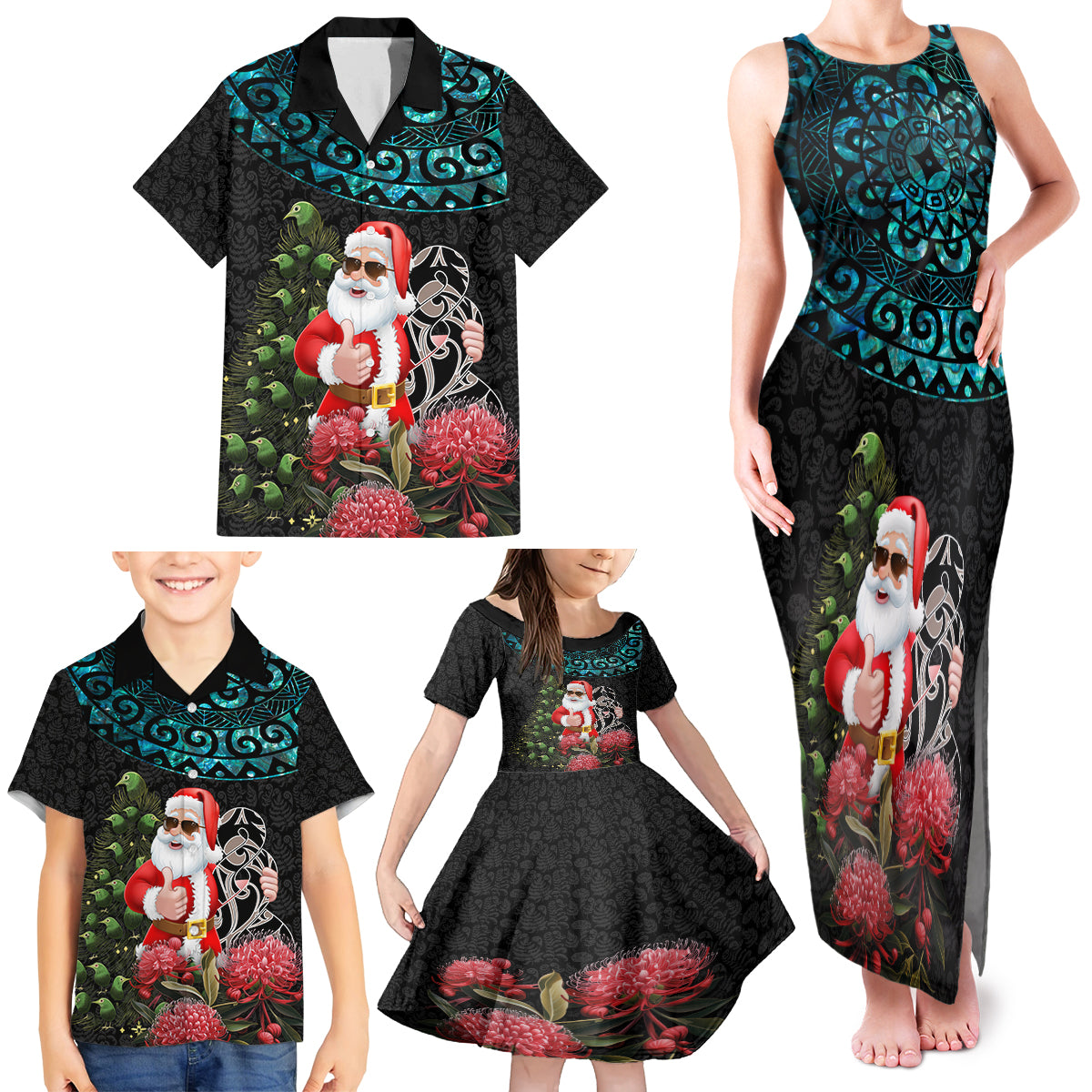 Personalized New Zealand Christmas Family Matching Tank Maxi Dress and Hawaiian Shirt Maori Santa Pikorua and Pohutukawa Meri Kirihimete LT03 - Polynesian Pride