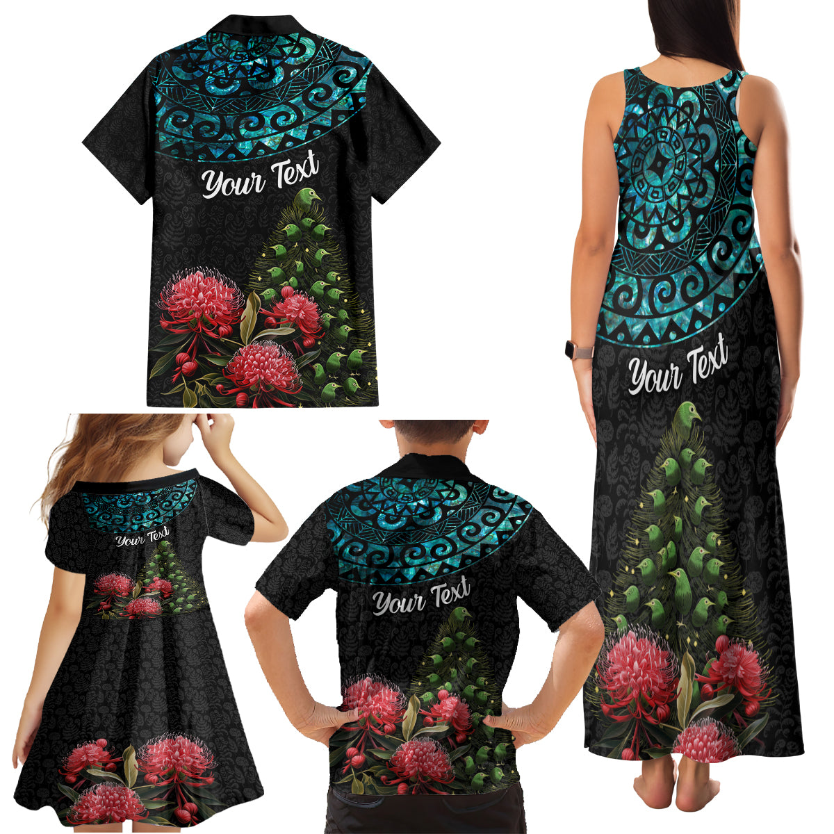 Personalized New Zealand Christmas Family Matching Tank Maxi Dress and Hawaiian Shirt Maori Santa Pikorua and Pohutukawa Meri Kirihimete LT03 - Polynesian Pride