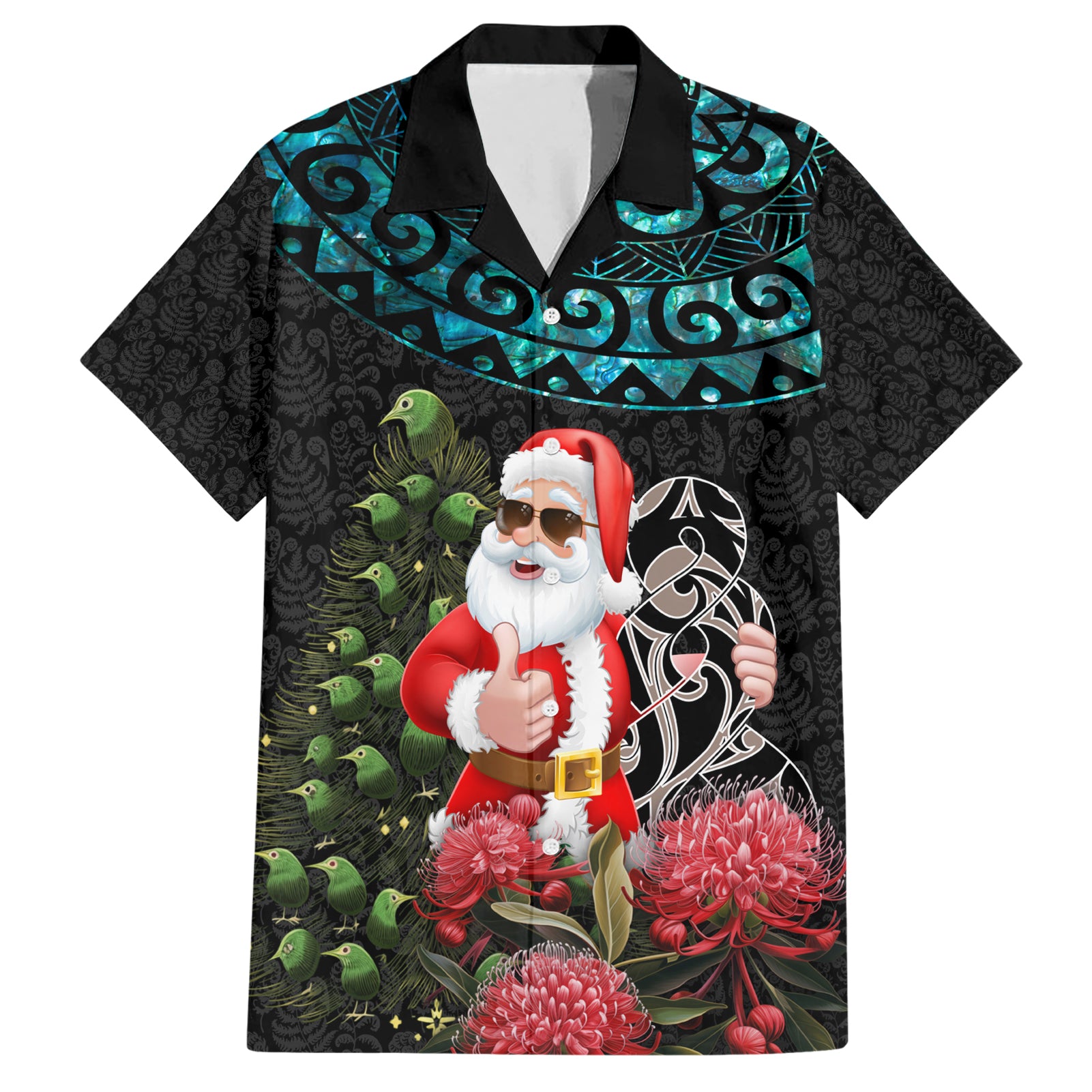 Personalized New Zealand Christmas Hawaiian Shirt Maori Santa Pikorua and Pohutukawa Meri Kirihimete LT03 Black - Polynesian Pride