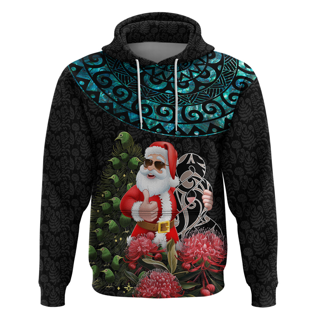 Personalized New Zealand Christmas Hoodie Maori Santa Pikorua and Pohutukawa Meri Kirihimete LT03 Black - Polynesian Pride