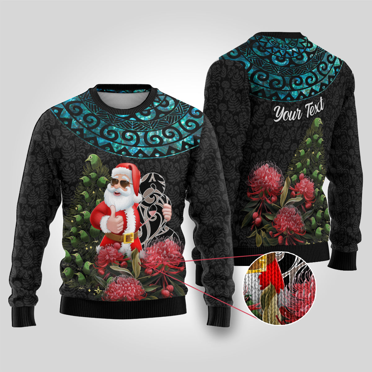 Personalized New Zealand Christmas Ugly Christmas Sweater Maori Santa Pikorua and Pohutukawa Meri Kirihimete LT03 Black - Polynesian Pride