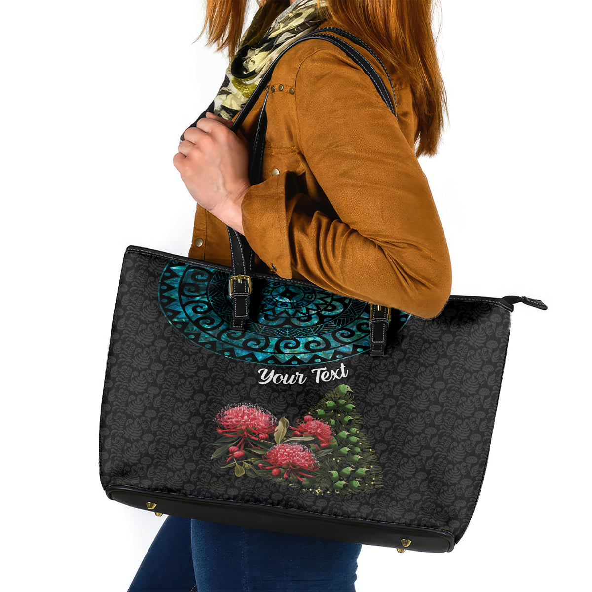 Personalized New Zealand Christmas Leather Tote Bag Maori Santa Pikorua and Pohutukawa Meri Kirihimete LT03 Black - Polynesian Pride