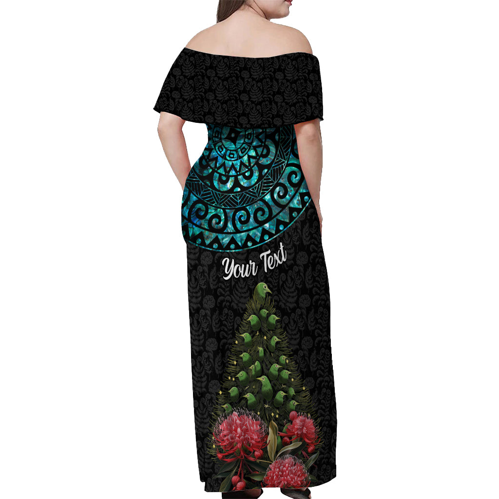 Personalized New Zealand Christmas Off Shoulder Maxi Dress Maori Santa Pikorua and Pohutukawa Meri Kirihimete LT03 - Polynesian Pride